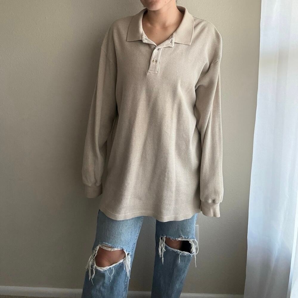 Vintage Ralph Lauren Chaps tan Knit Henley Sweater Cotton minimalist neutral